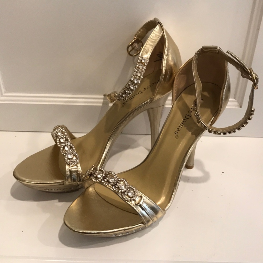 Gold heeled sandals with rhinestone band, size 7